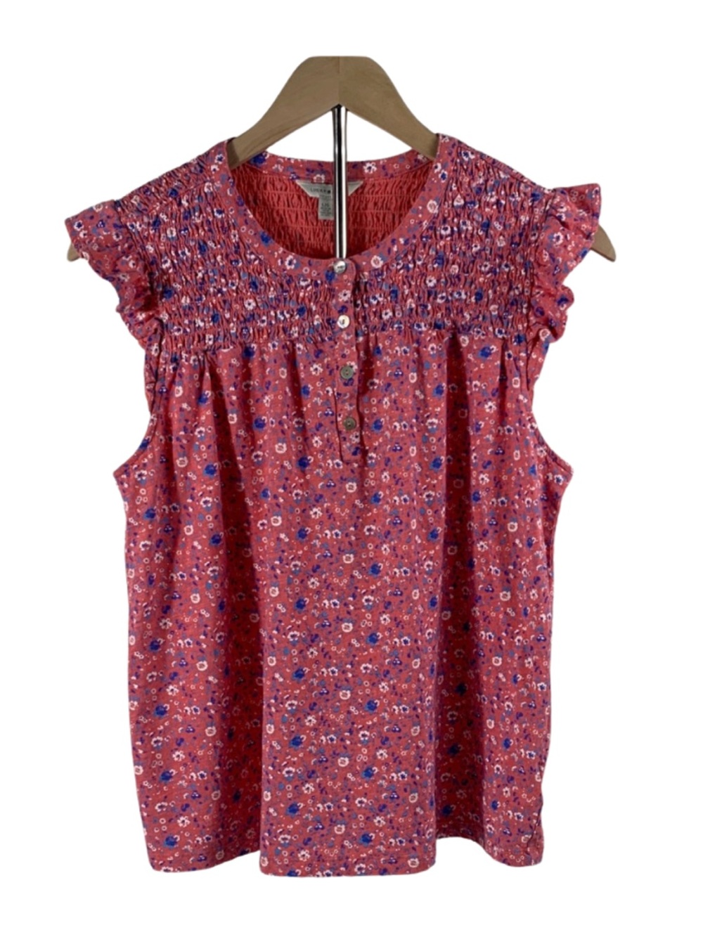 Cottagecore Lucky Brand Coral Floral Smocked Ruffle Feminine Cotton Blouse L